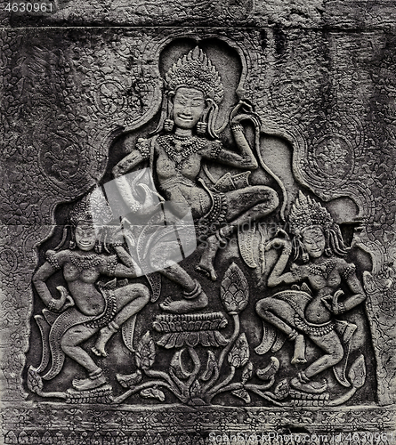 Image of Historic Khmer bas-relief with dancing Hindu goddesses