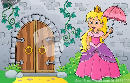 Image of Princess with umbrella by old door