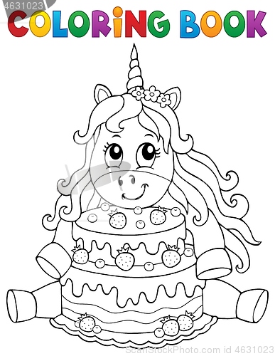 Image of Coloring book unicorn with cake 1