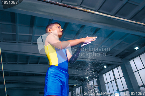 Image of beautiful boy is engaged in sports gymnastics on a parallel bars