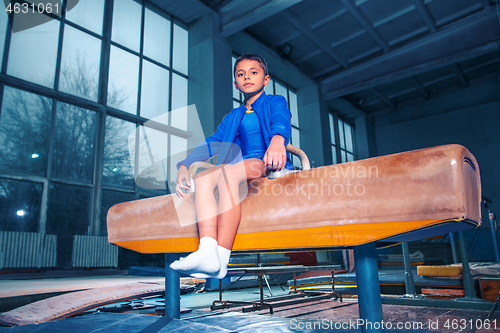 Image of The sportsman performing difficult gymnastic exercise at gym.