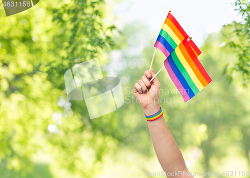 Image of hand with gay pride rainbow flags and wristband