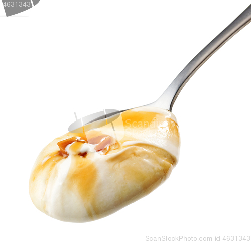 Image of spoon of yogurt with caramel