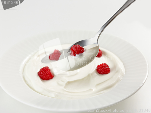 Image of spoon of greek yogurt with raspberry