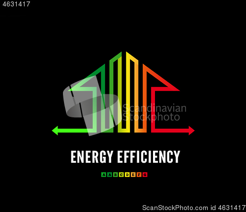 Image of Home energy efficiency class sign. Eco house logo design. Vector illustration on a black