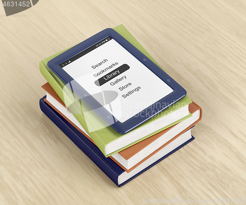Image of E-book reader on top of colorful books