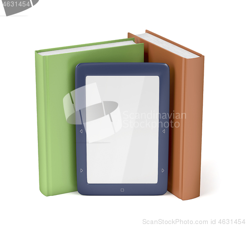 Image of E-reader and two books on white