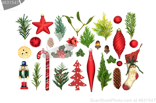 Image of Collection of Winter Greenery and Symbols of Christmas