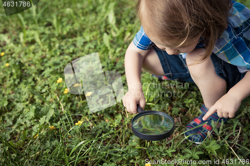 Image of Happy little boy exploring nature with magnifying glass at the d