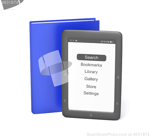 Image of E-book reader and book