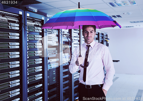 Image of businessman hold umbrella in server room