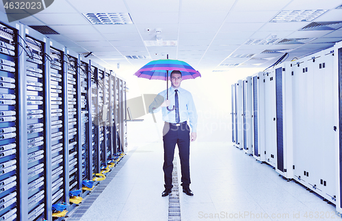 Image of businessman hold umbrella in server room