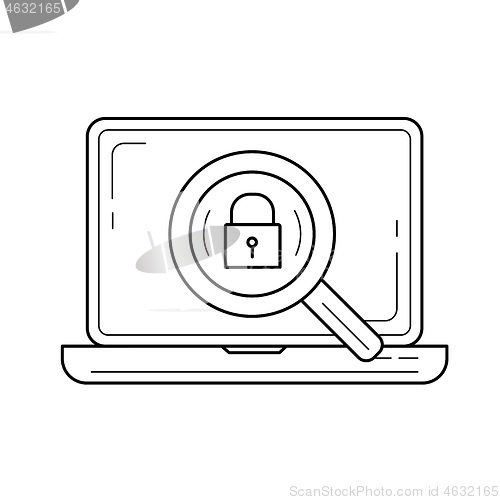 Image of Laptop and magnifying glass line icon.