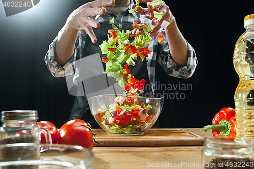 Image of Preparing salad. Female chef cutting fresh vegetables. Cooking process. Selective focus