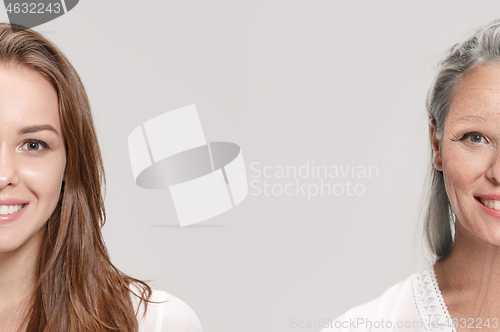 Image of Comparison. Portrait of beautiful woman with problem and clean skin, aging and youth concept, beauty treatment