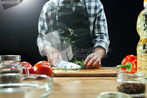 Image of Preparing salad. Female chef cutting fresh vegetables. Cooking process. Selective focus