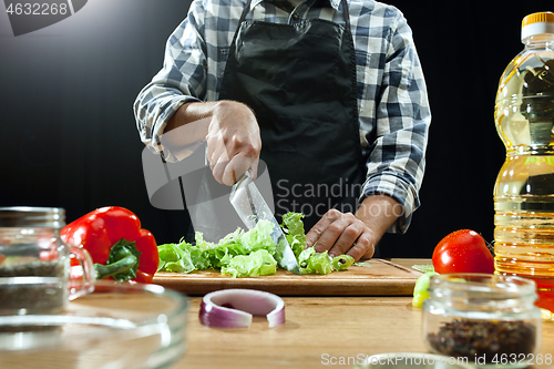 Image of Preparing salad. Female chef cutting fresh vegetables. Cooking process. Selective focus