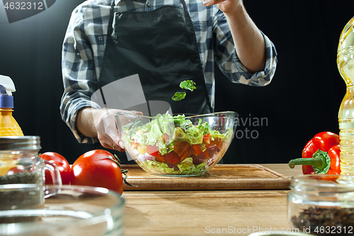 Image of Preparing salad. Female chef cutting fresh vegetables. Cooking process. Selective focus