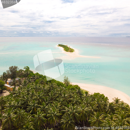 Image of Aerial drone view of picture perfect beach and turquoise lagoon on small tropical island on Maldives