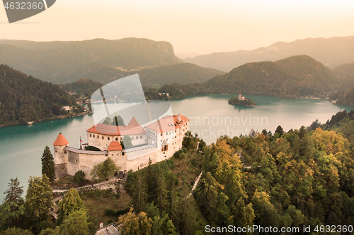 Image of Aerial view of Lake Bled and the castle of Bled, Slovenia, Europe. Aerial drone photography.