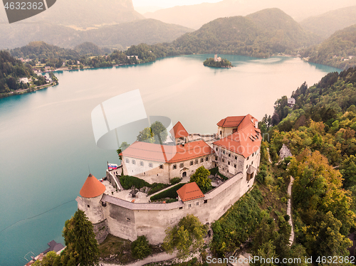 Image of Aerial view of Lake Bled and the castle of Bled, Slovenia, Europe. Aerial drone photography