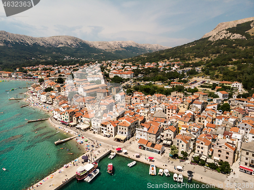 Image of Aerial panoramic view of Baska town, popular touristic destination on island Krk, Croatia, Europe