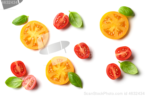 Image of composition of yellow and red tomatoes