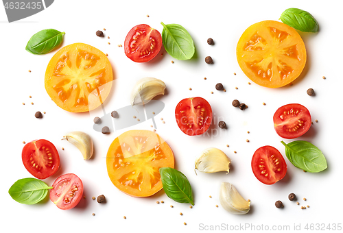 Image of flat lay composition of tomato and basil