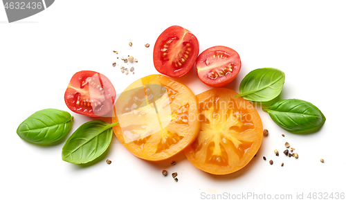 Image of composition of yellow and red tomatoes