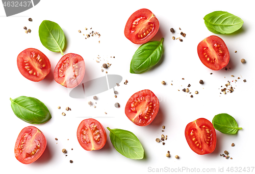 Image of flat lay composition of tomato and basil