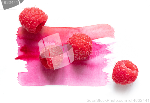 Image of fresh raw raspberries on watercolor paint