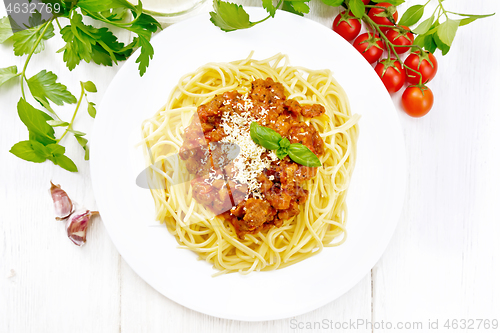 Image of Spaghetti with bolognese on board top