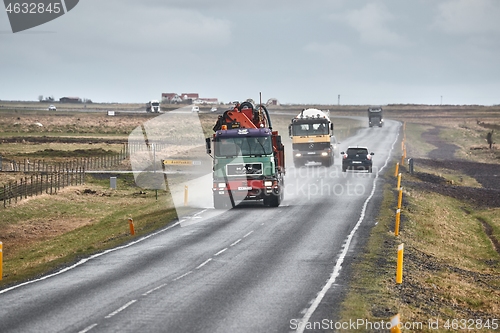 Image of Truck driving on wet road in Iceland