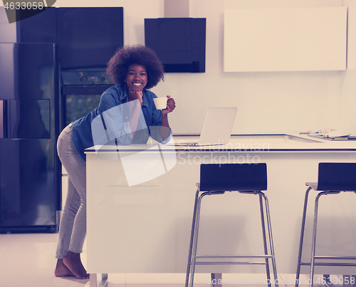 Image of smiling black woman in modern kitchen