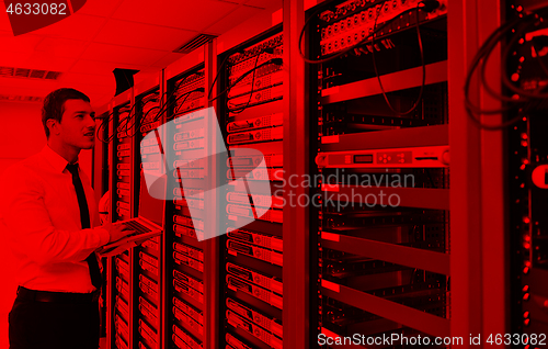 Image of businessman with laptop in network server room