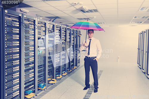 Image of businessman hold umbrella in server room