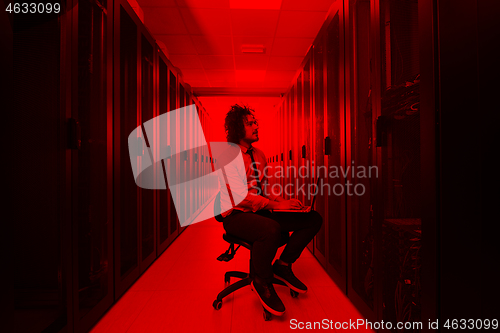 Image of engineer working on a laptop in server room