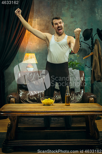 Image of Winner. Overwhelmed cheerful man moving hands while celebrating the victory of a favourite football team