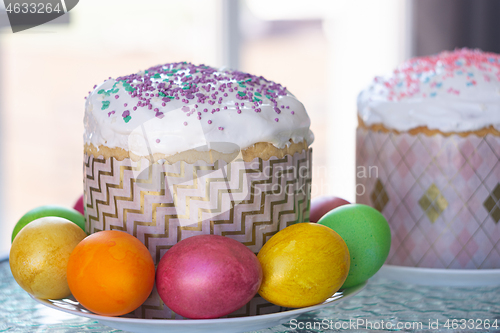 Image of Easter still life with cake and painted eggs