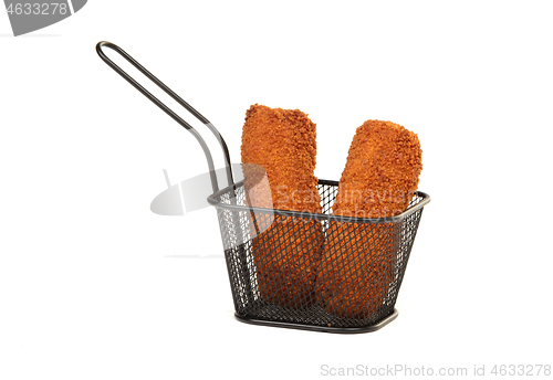 Image of Dutch traditional snack kroket in a small basket