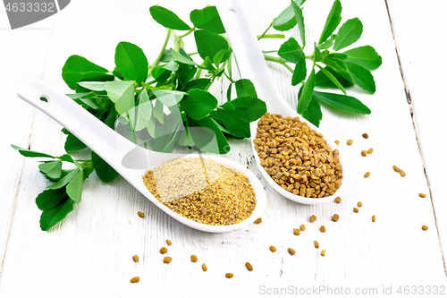 Image of Fenugreek in two spoons with leaves on board