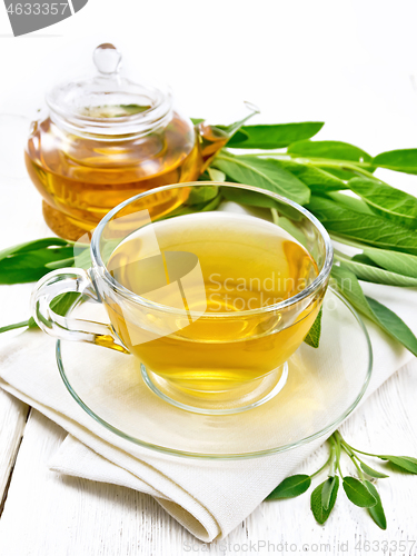 Image of Tea herbal with sage in cup on wooden board