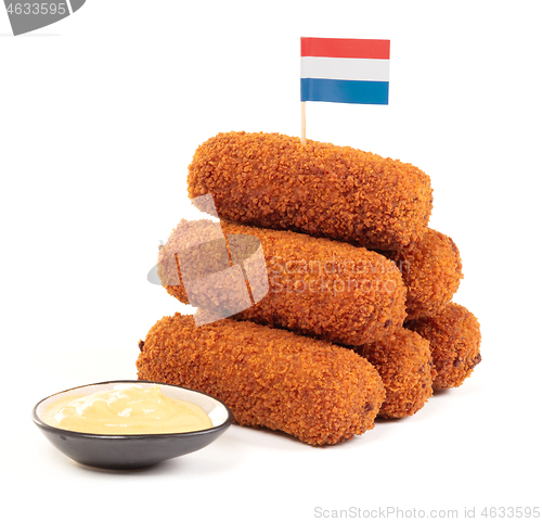 Image of Brown crusty dutch kroketten with dutch flag