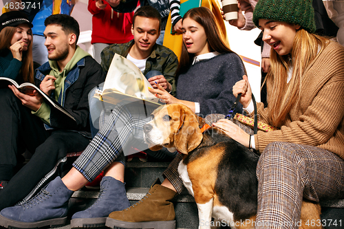 Image of The group of cheerful happy students sitting in a lecture hall before lesson