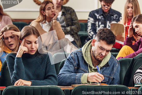 Image of The group of cheerful happy students sitting in a lecture hall before lesson