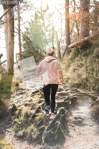 Image of Rear view of active sporty woman listening to the music while running in autumn fall forest. Female runner training outdoor. Healthy lifestyle image of young caucasian woman jogging outside