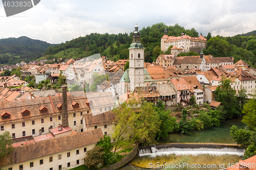 Image of Panoramic aerial view of medieval old town of Skofja Loka, Slovenia