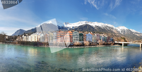 Image of Panoramic view of Innsbruck with colourful houses along Inn rive