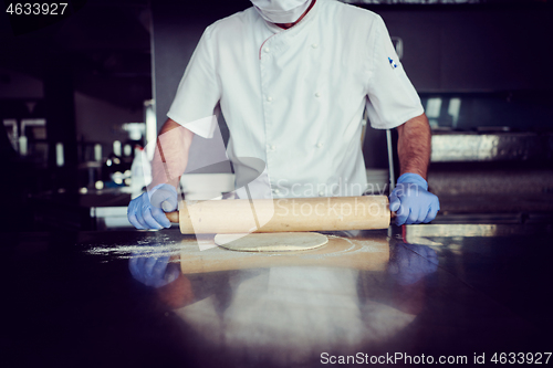 Image of chef  with protective coronavirus face mask preparing pizza