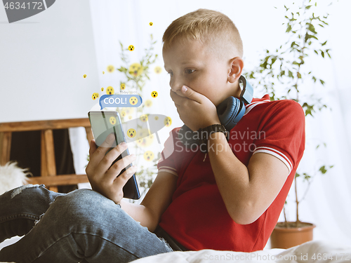 Image of Boy connecting and sharing social media. Modern UI icons, communication, devices